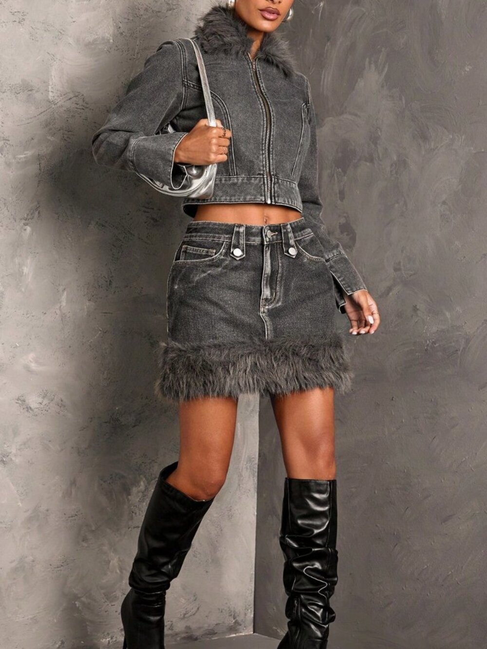 Dark Grey Casual Women's Lined Denim Jacket